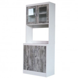 Tall Kitchen Microwave Cart: Cabinets, Shelf and Glass Doors, White with Light Wood Trim